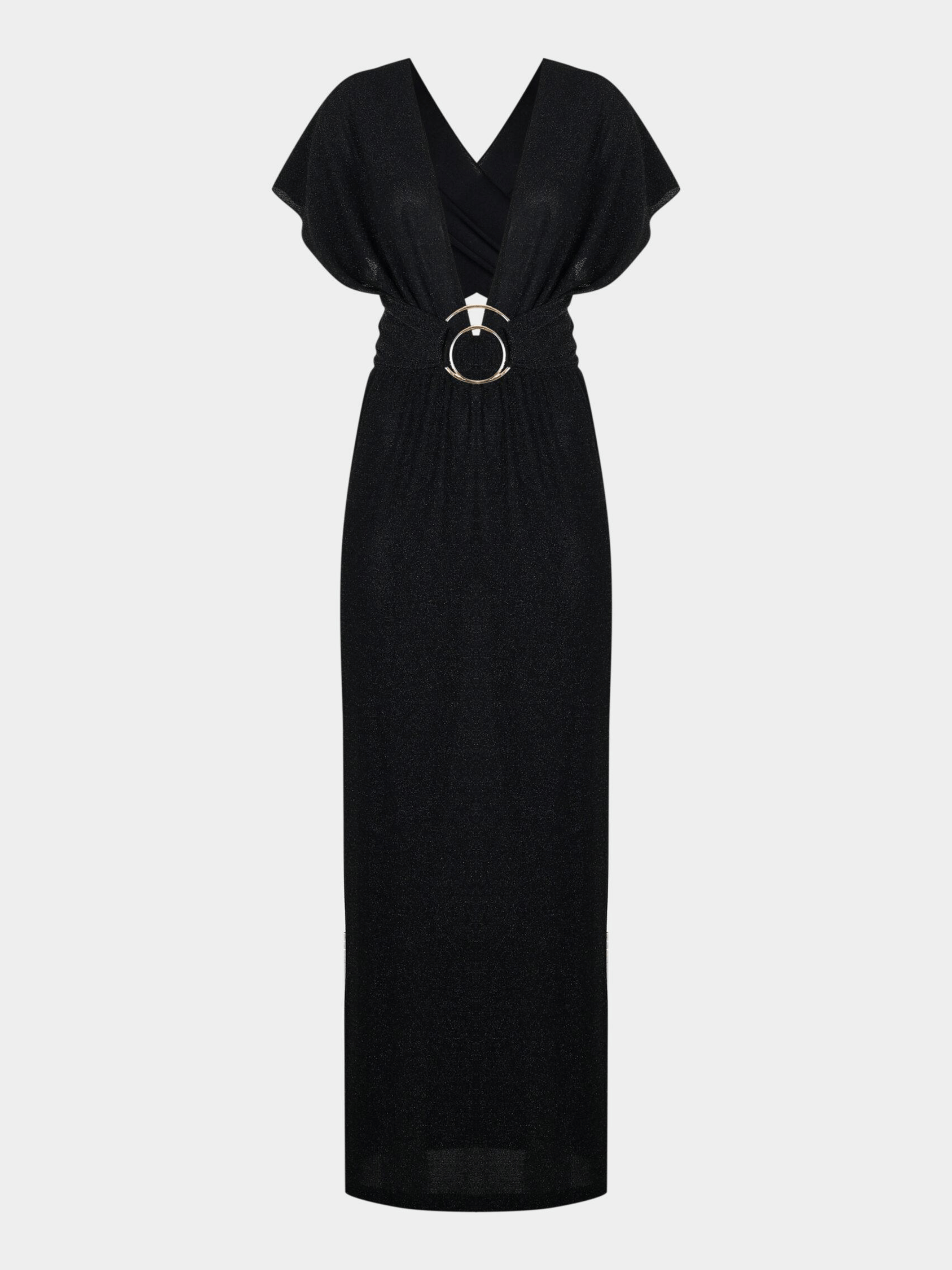 NEW YORK ADJUSTABLE GLITTER BELT DETAILED BLACK MAXI DRESS