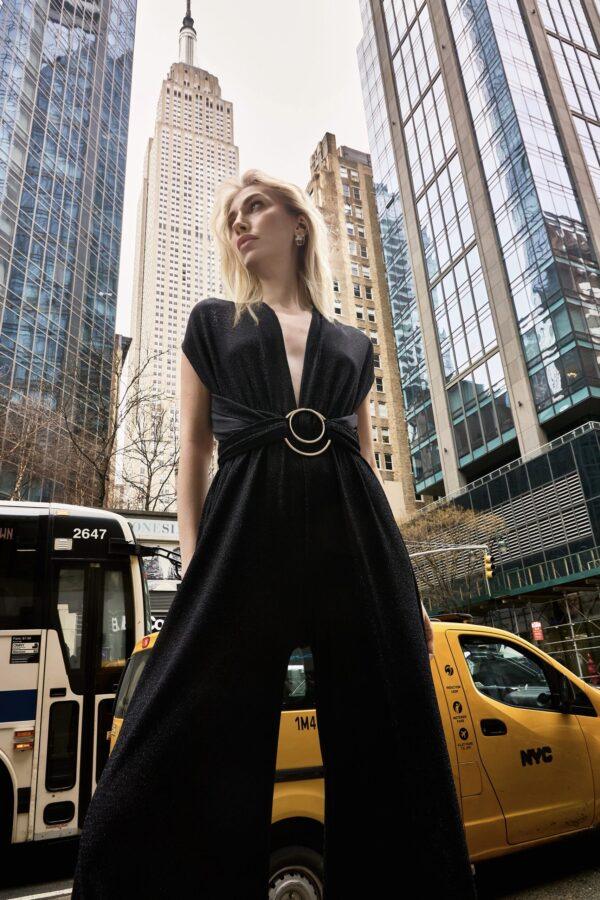 New York Adjustable Glitter Belt Detailed Black Jumpsuit - Image 8
